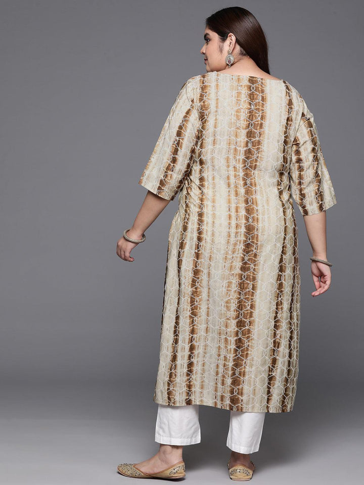 Plus Size Brown Yoke Design Straight Silk Kurta - ShopLibas