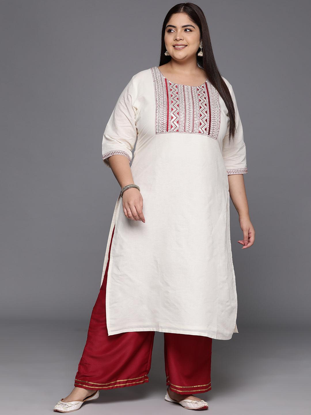 Plus Size Off White Yoke Design Cotton Straight Kurta - ShopLibas