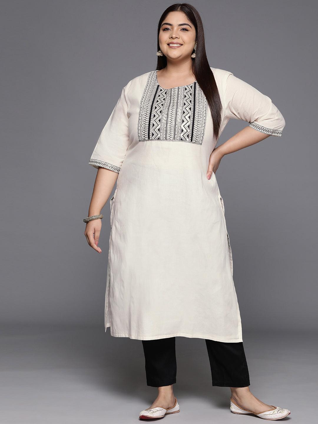 Plus Size Off White Yoke Design Cotton Straight Kurta - ShopLibas