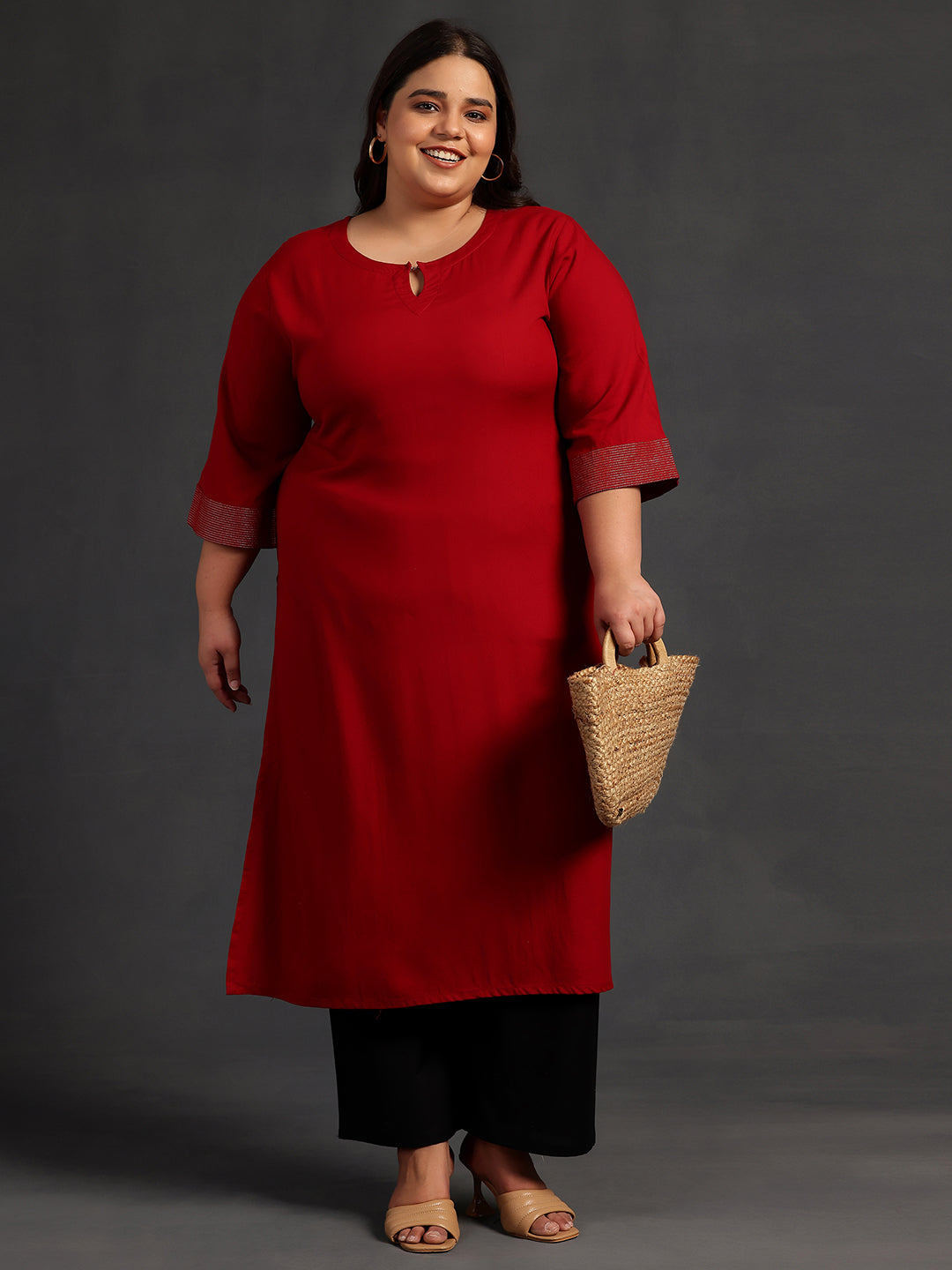 Plus Size Maroon Solid Rayon Straight Kurta