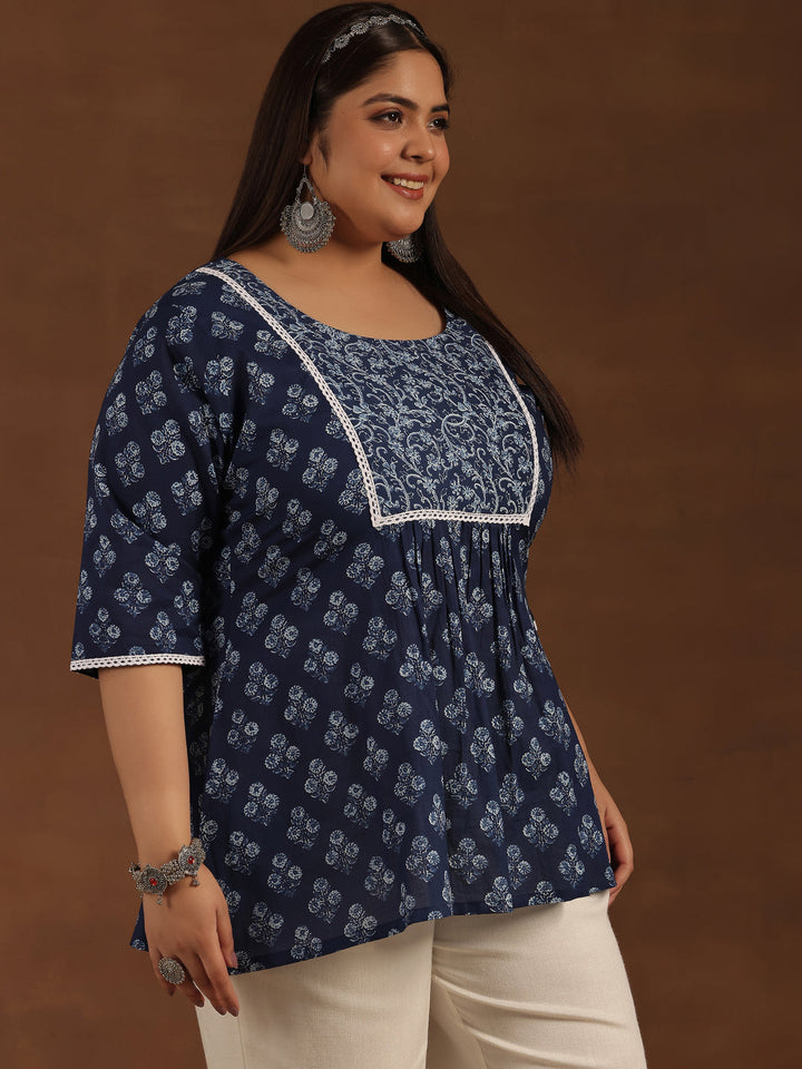Plus Size Blue Yoke Design Cotton A-Line