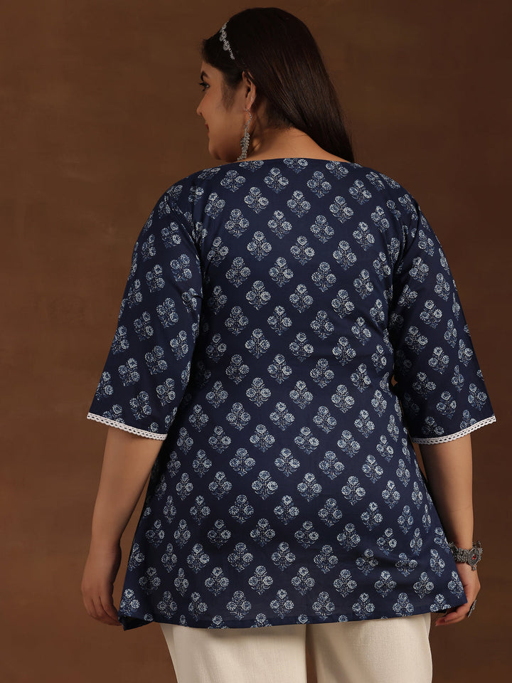 Plus Size Blue Yoke Design Cotton A-Line