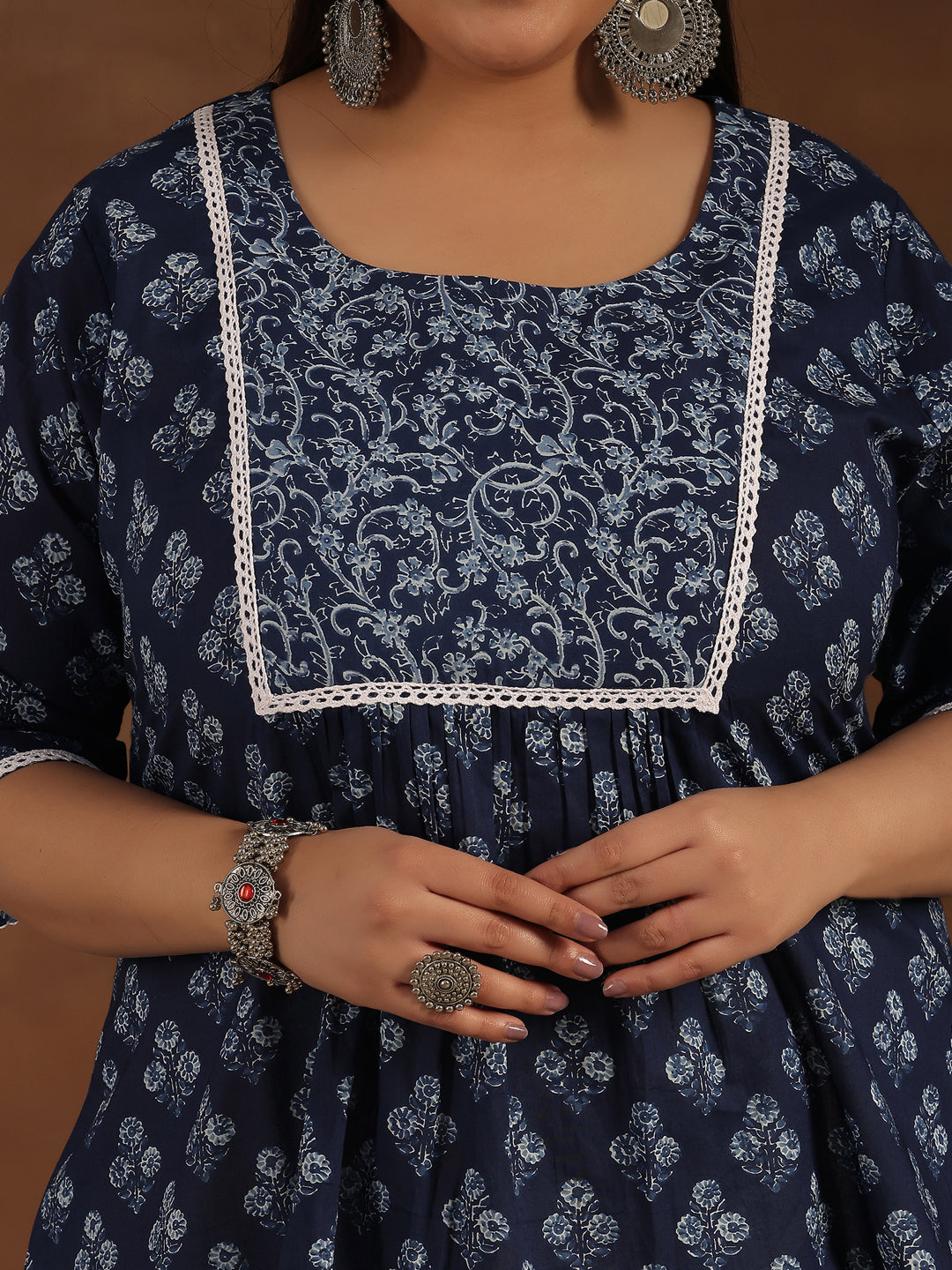 Plus Size Blue Yoke Design Cotton A-Line