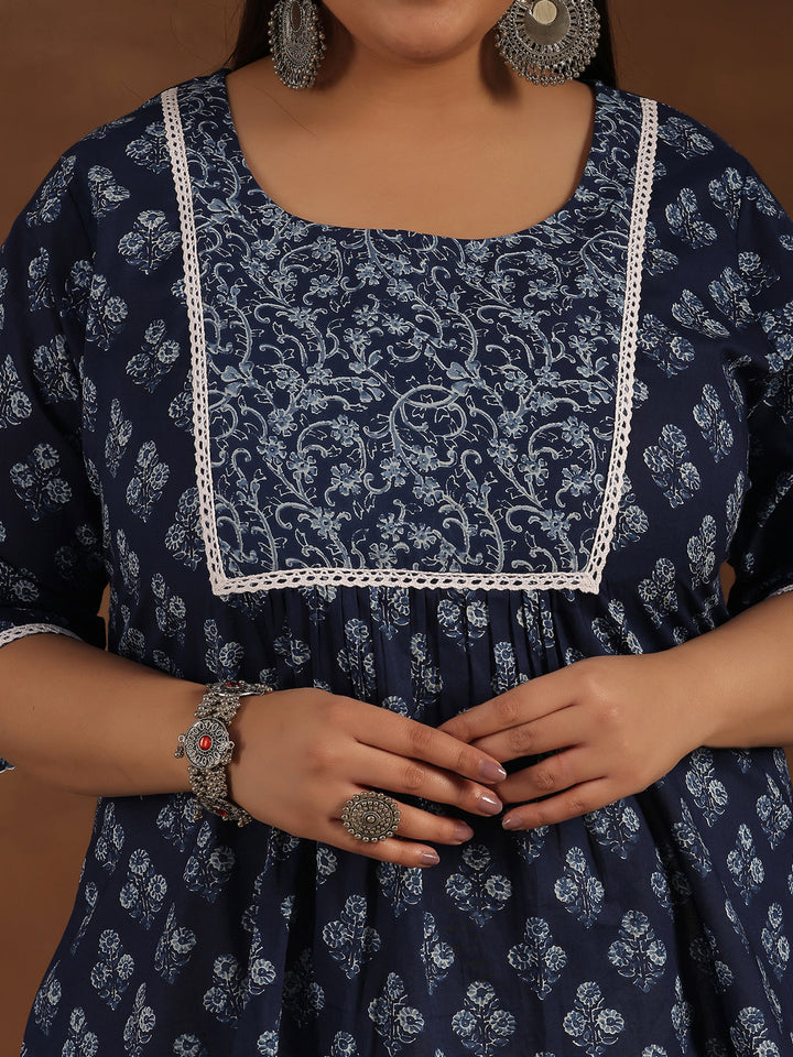 Plus Size Blue Yoke Design Cotton A-Line
