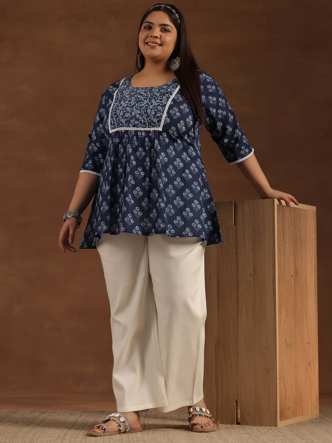 Plus Size Blue Yoke Design Cotton A-Line