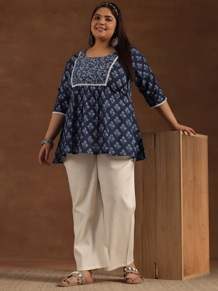 Plus Size Blue Yoke Design Cotton A-Line