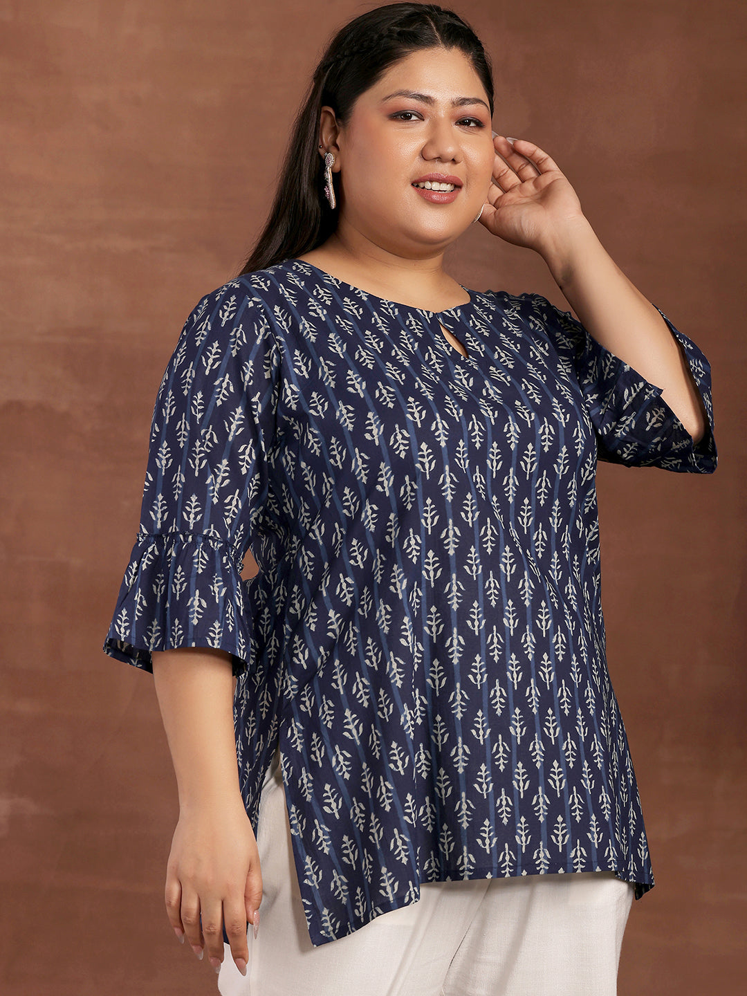 Plus Size Blue Printed Cotton Straight Kurti