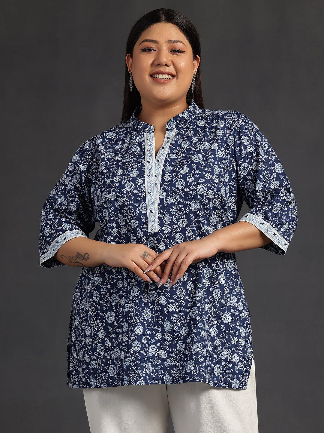 Plus Size Blue Printed Cotton A-Line Kurti