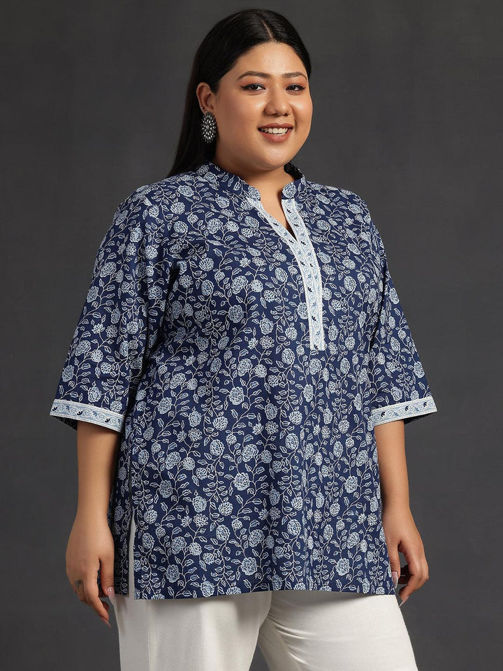 Plus Size Blue Printed Cotton A-Line Kurti
