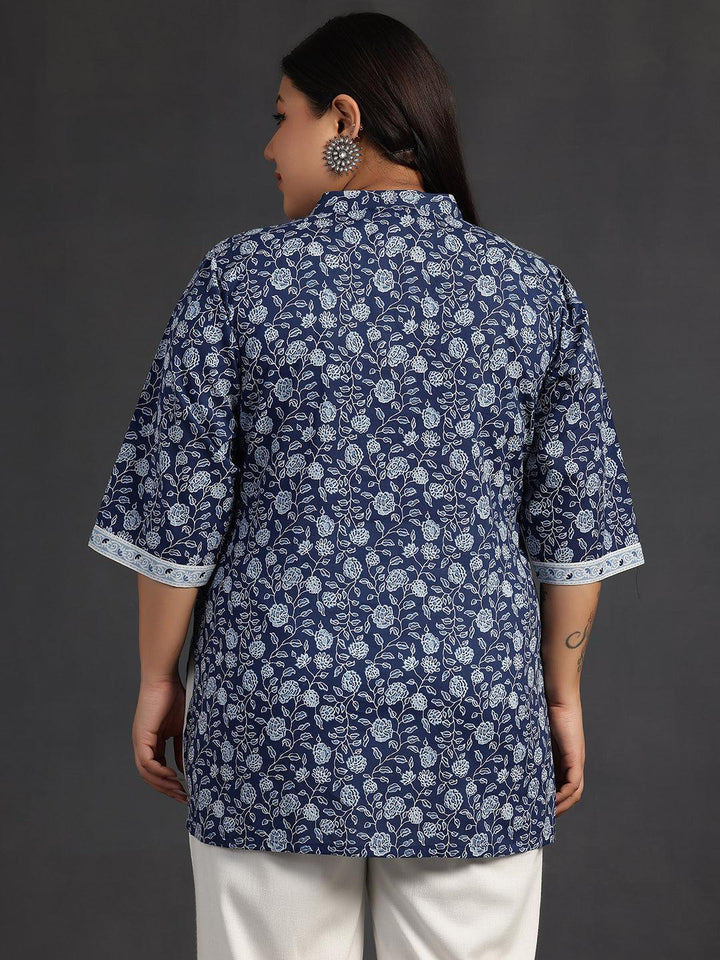 Plus Size Blue Printed Cotton A-Line Kurti