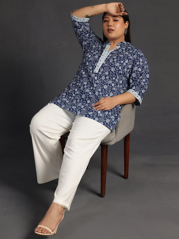 Plus Size Blue Printed Cotton A-Line Kurti