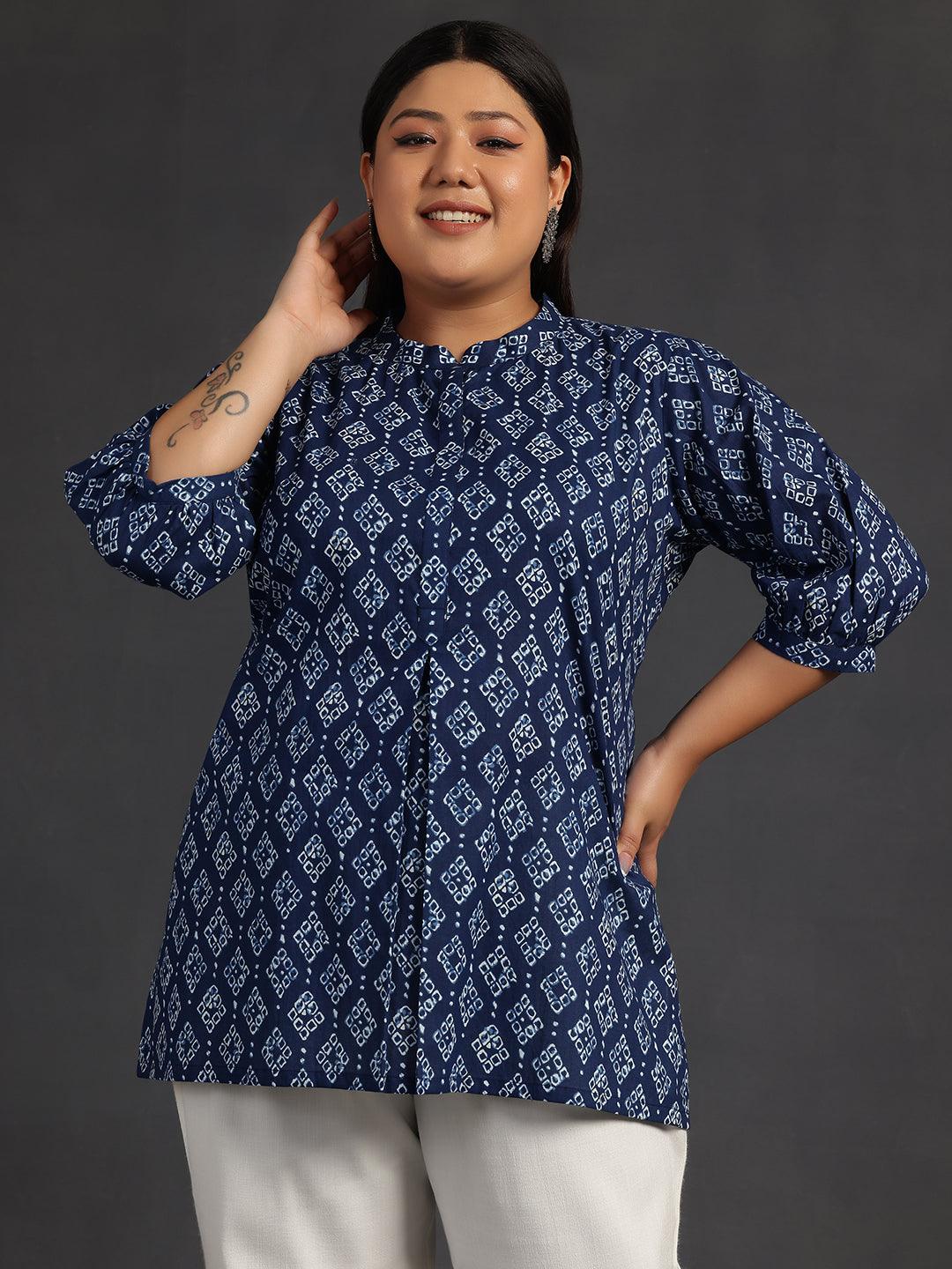 Plus Size Blue Printed Cotton A-Line Kurti