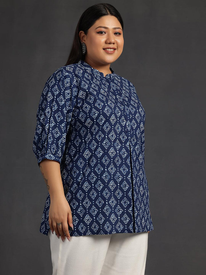 Plus Size Blue Printed Cotton A-Line Kurti