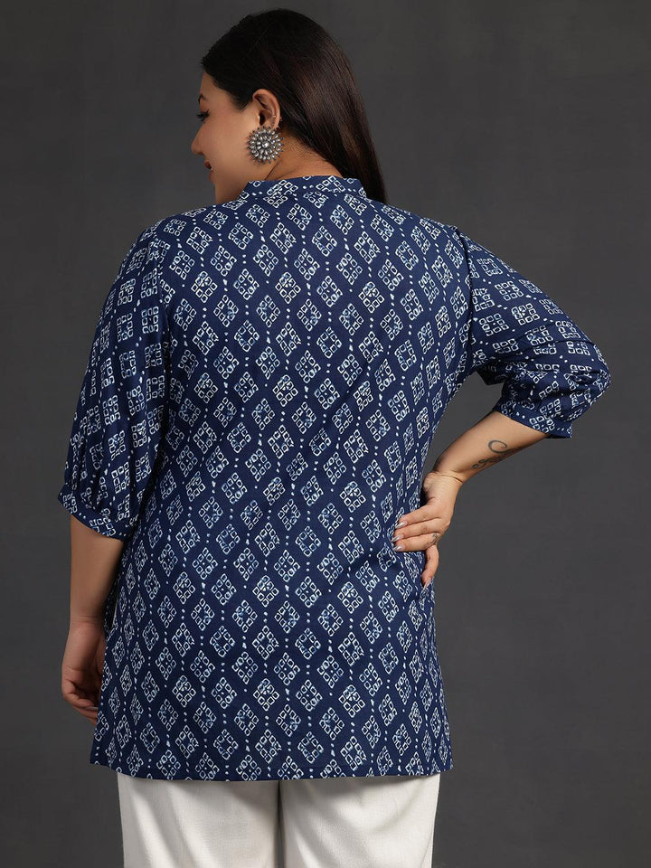 Plus Size Blue Printed Cotton A-Line Kurti