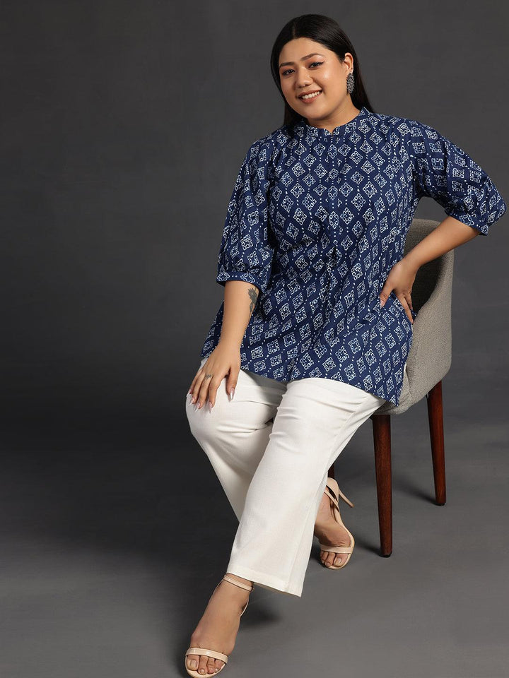 Plus Size Blue Printed Cotton A-Line Kurti