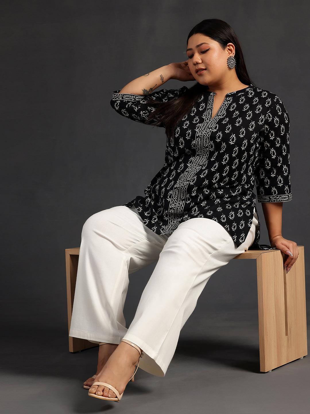 Plus Size Black Printed Cotton Straight Kurti