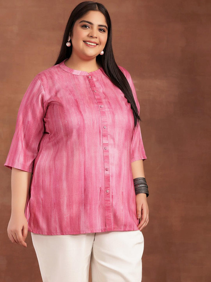 Plus Size Pink Printed Cotton Blend Straight Kurti