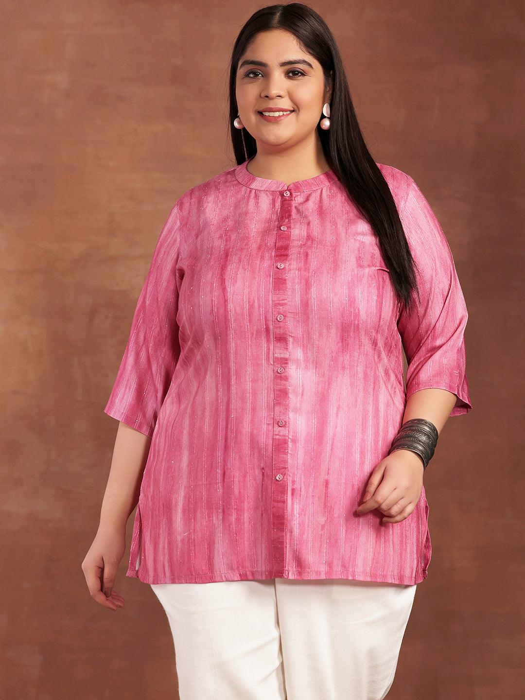 Plus Size Pink Printed Cotton Blend Straight Kurti
