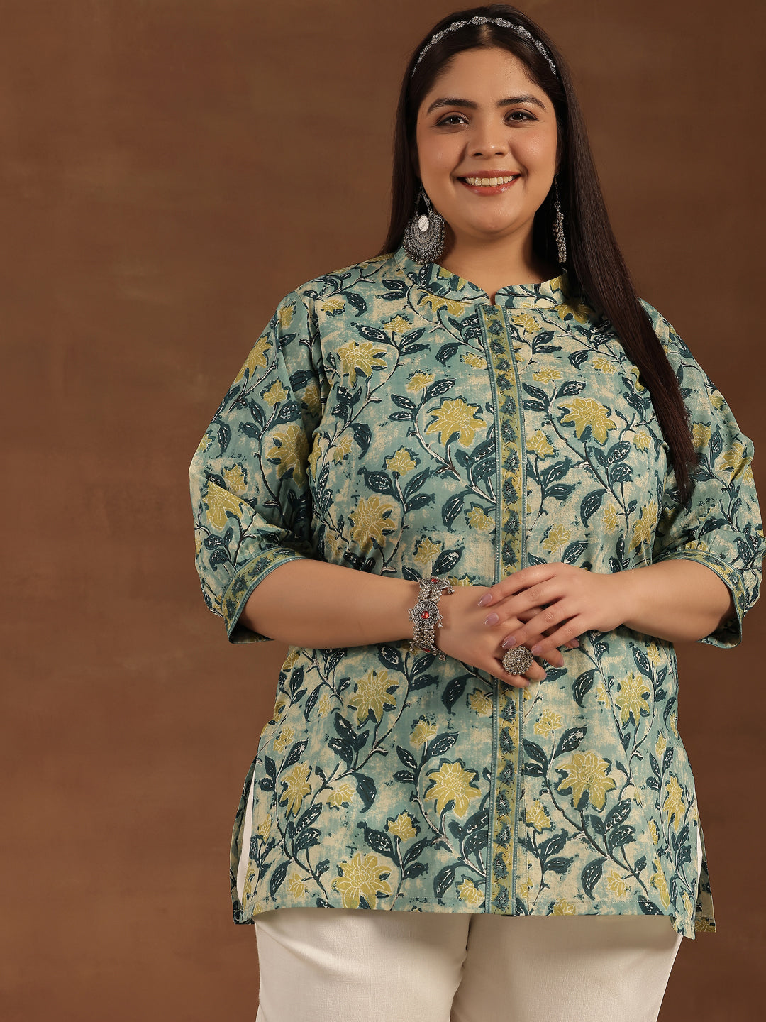 Plus Size Green Printed Cotton Straight