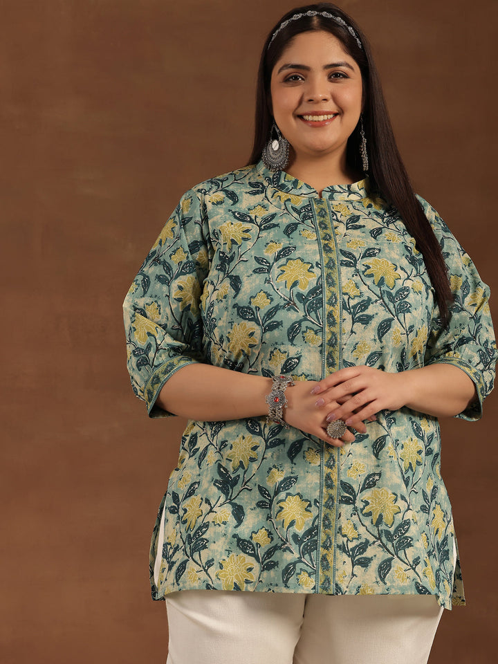 Plus Size Green Printed Cotton Straight