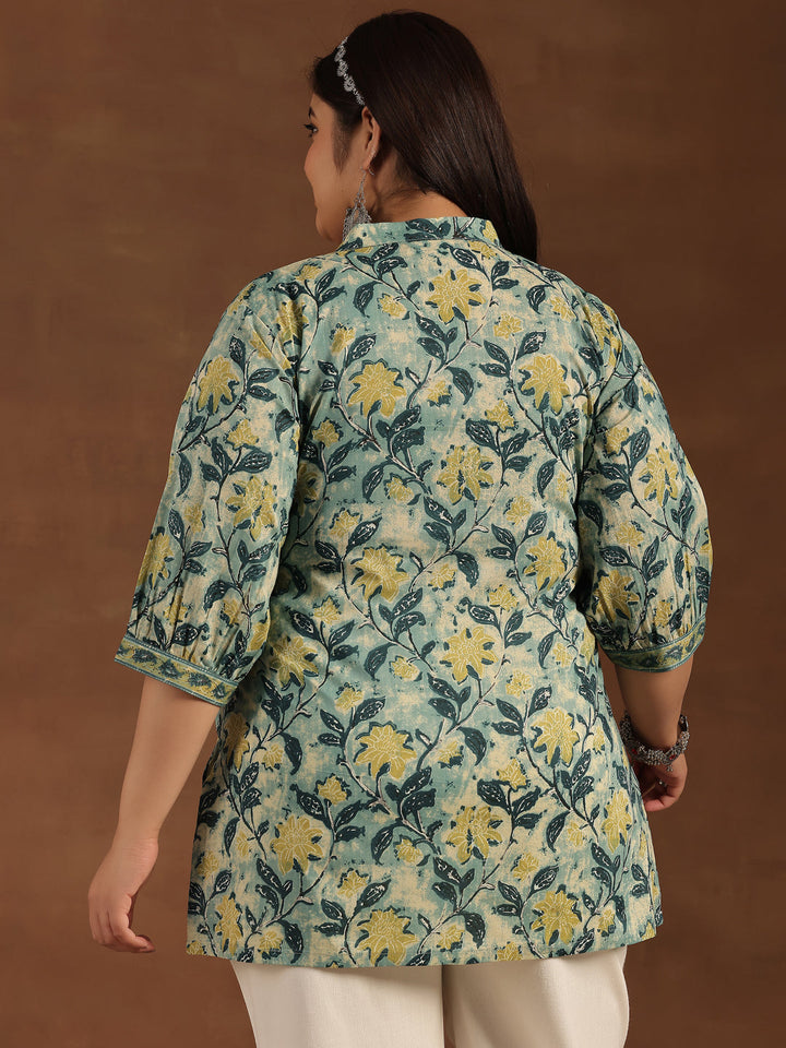 Plus Size Green Printed Cotton Straight
