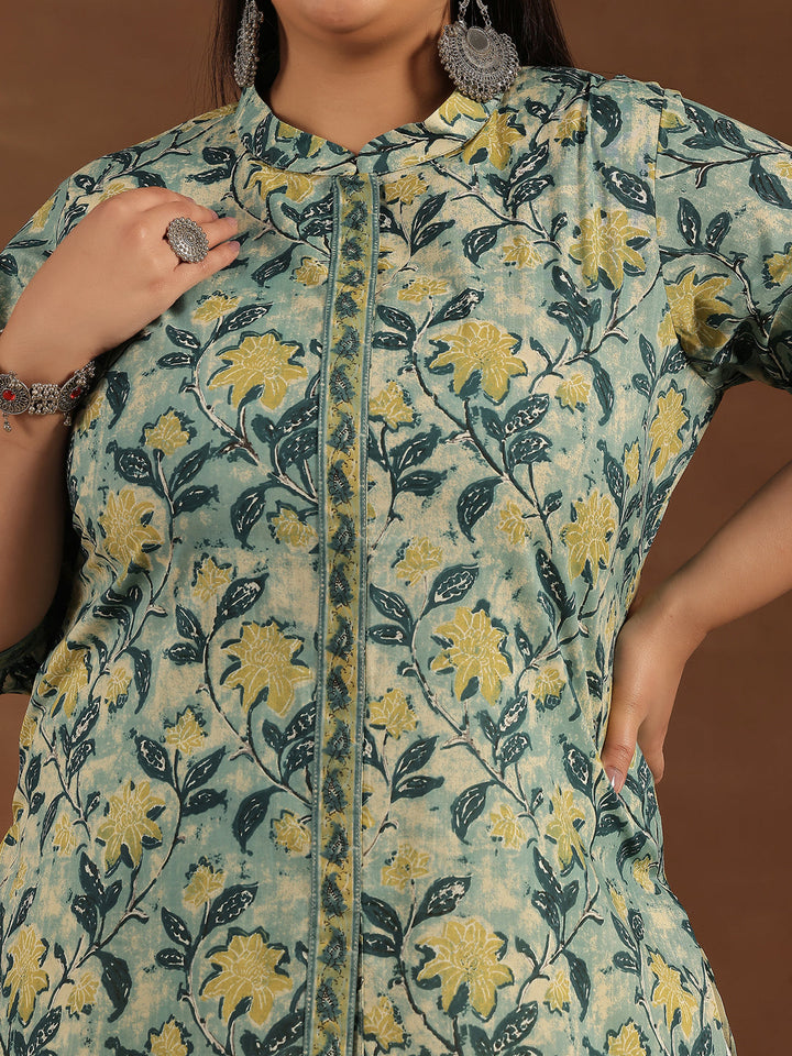 Plus Size Green Printed Cotton Straight