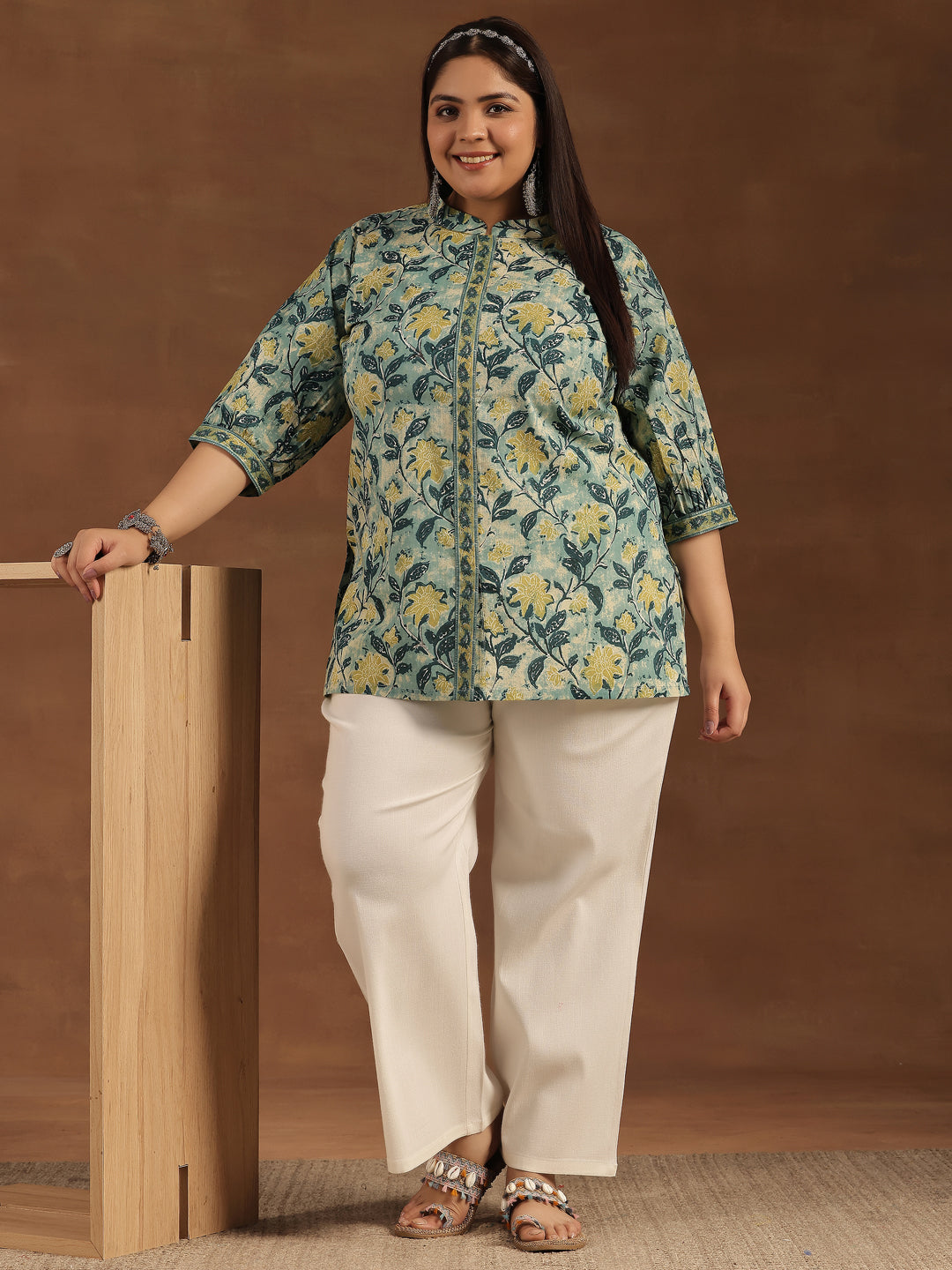 Plus Size Green Printed Cotton Straight