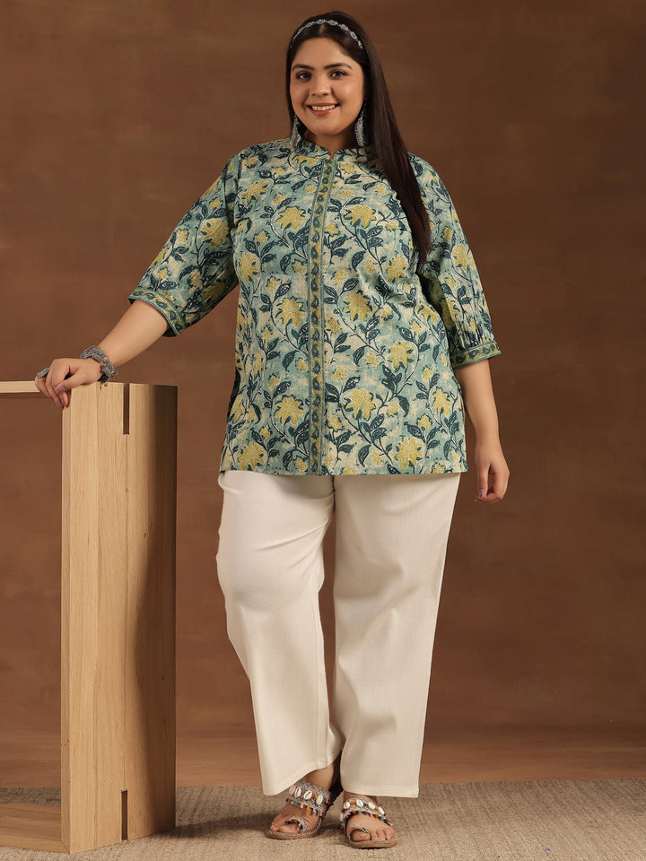Plus Size Green Printed Cotton Straight