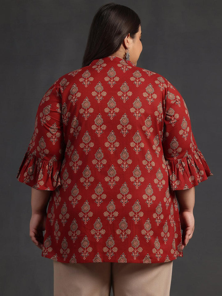 Plus Size Maroon Printed Cotton A-Line Kurti