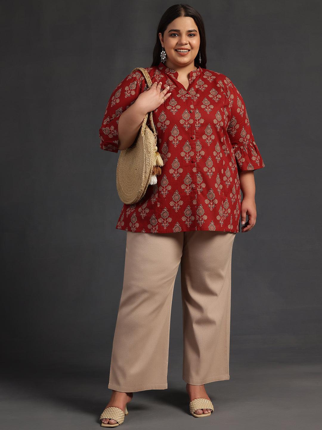 Plus Size Maroon Printed Cotton A-Line Kurti