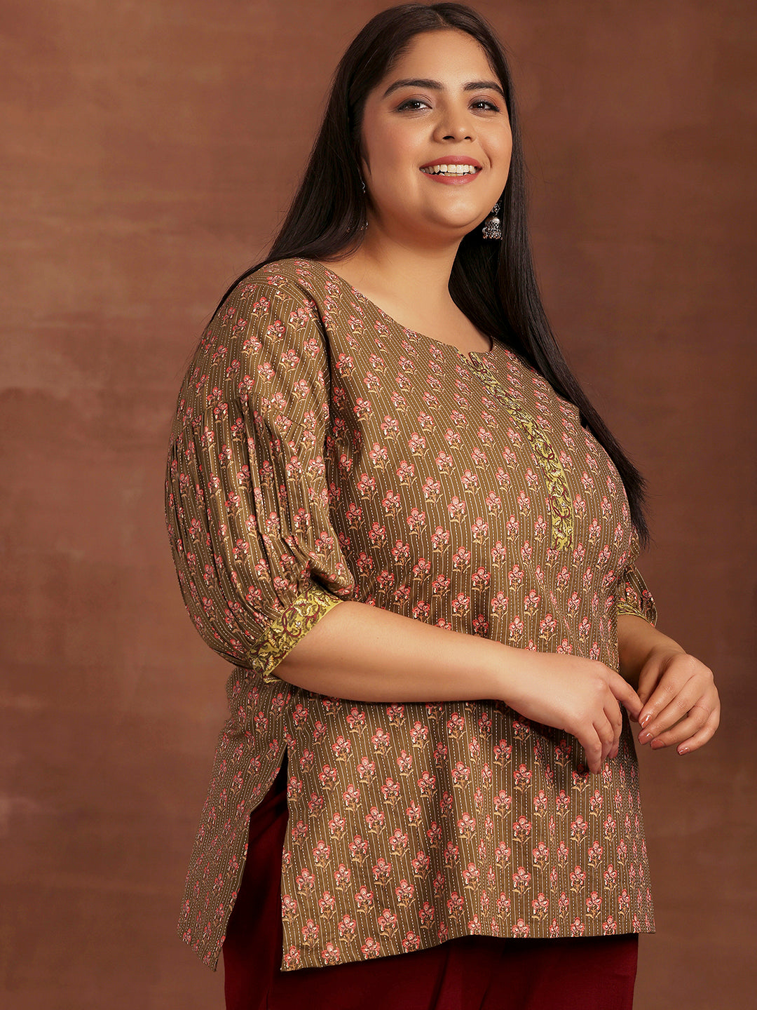 Plus Size Olive Printed Cotton Straight Kurti