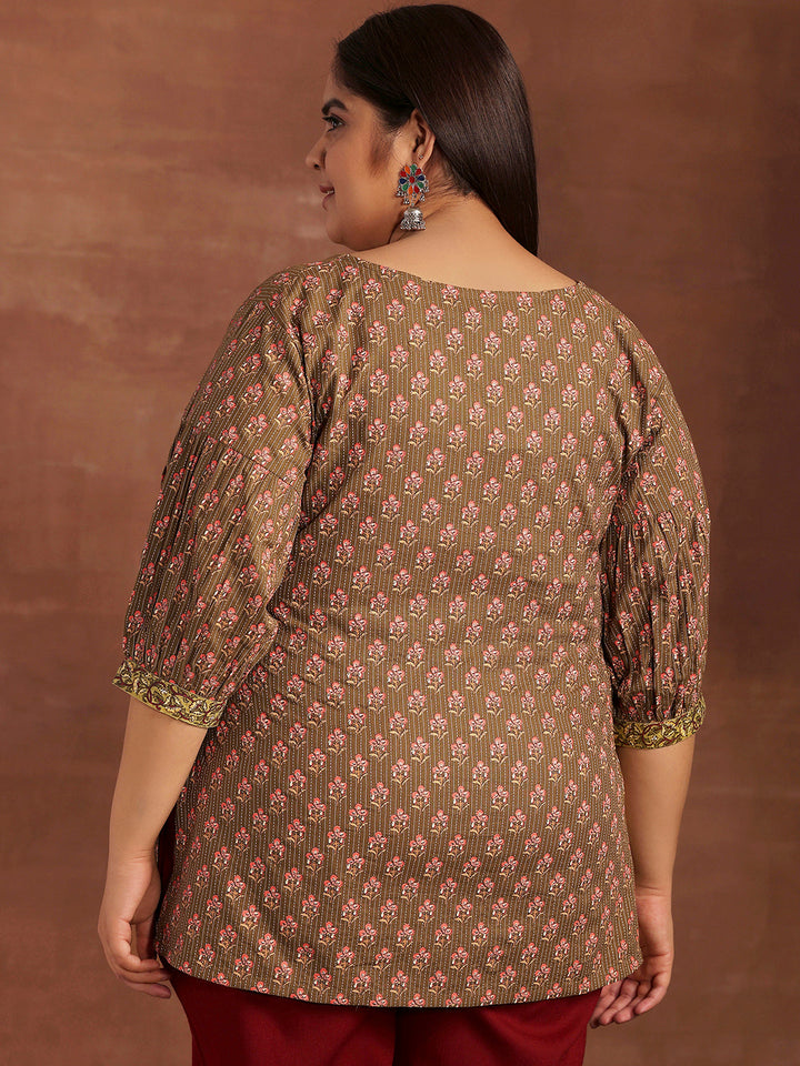 Plus Size Olive Printed Cotton Straight Kurti
