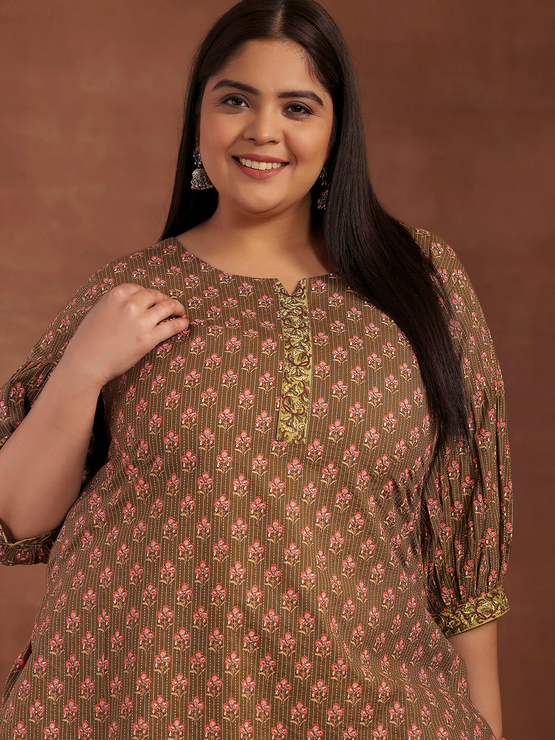 Plus Size Olive Printed Cotton Straight Kurti