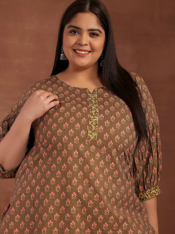 Plus Size Olive Printed Cotton Straight Kurti