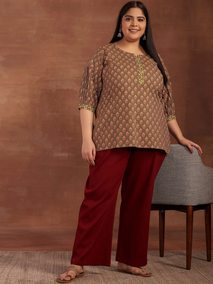 Plus Size Olive Printed Cotton Straight Kurti