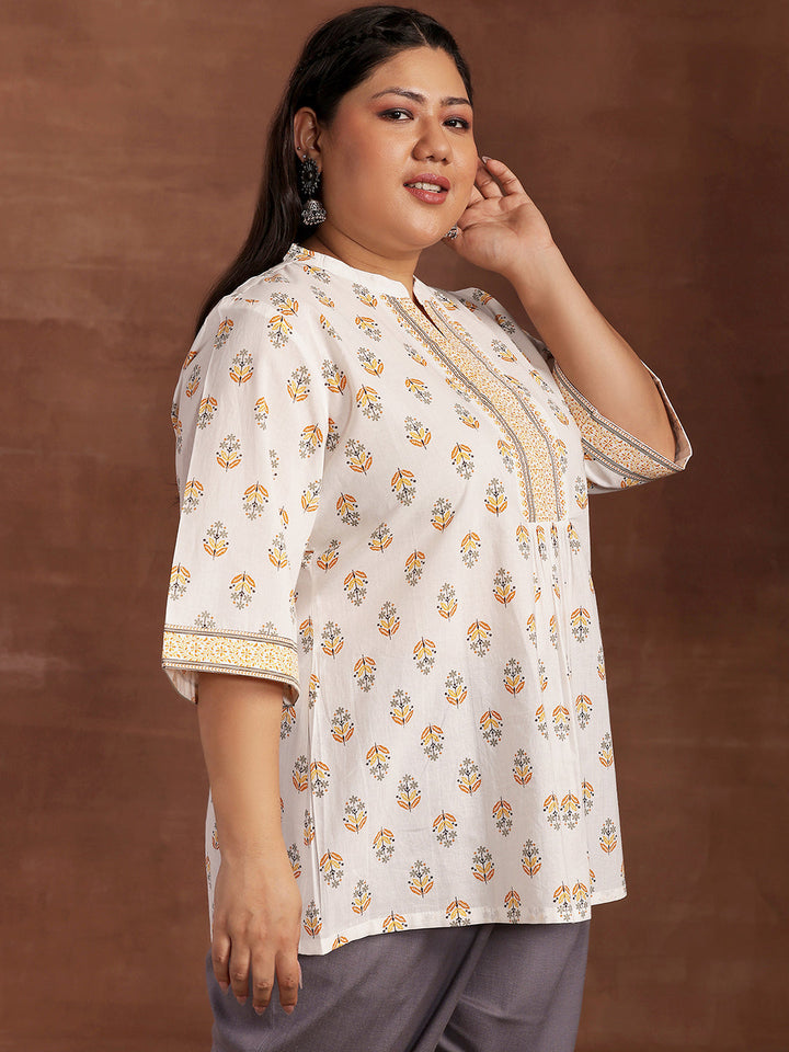 Plus Size White Printed Cotton Straight Kurti