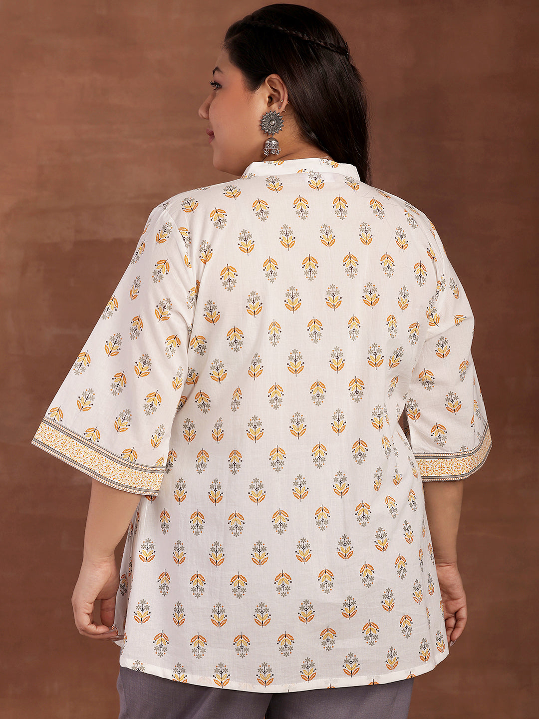 Plus Size White Printed Cotton Straight Kurti