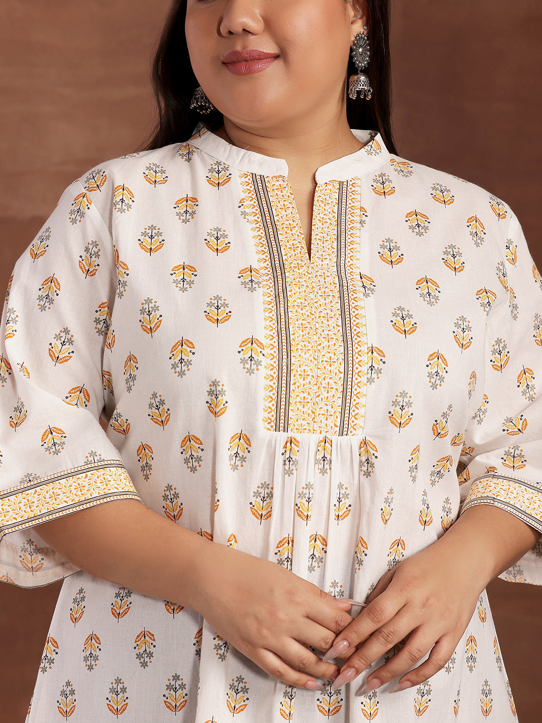 Plus Size White Printed Cotton Straight Kurti