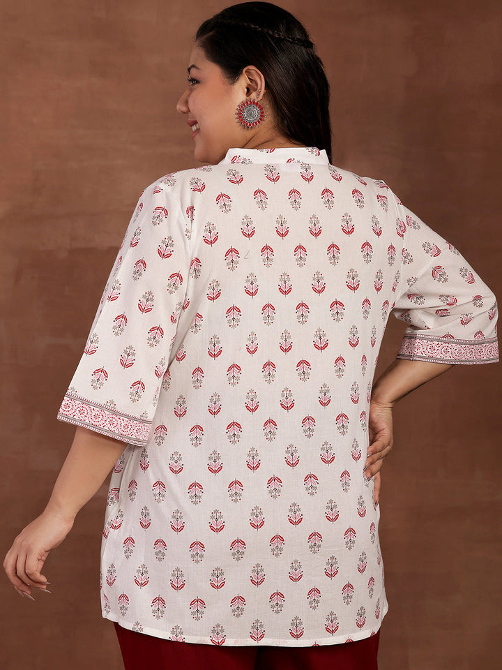 Plus Size White Printed Cotton Straight Kurti