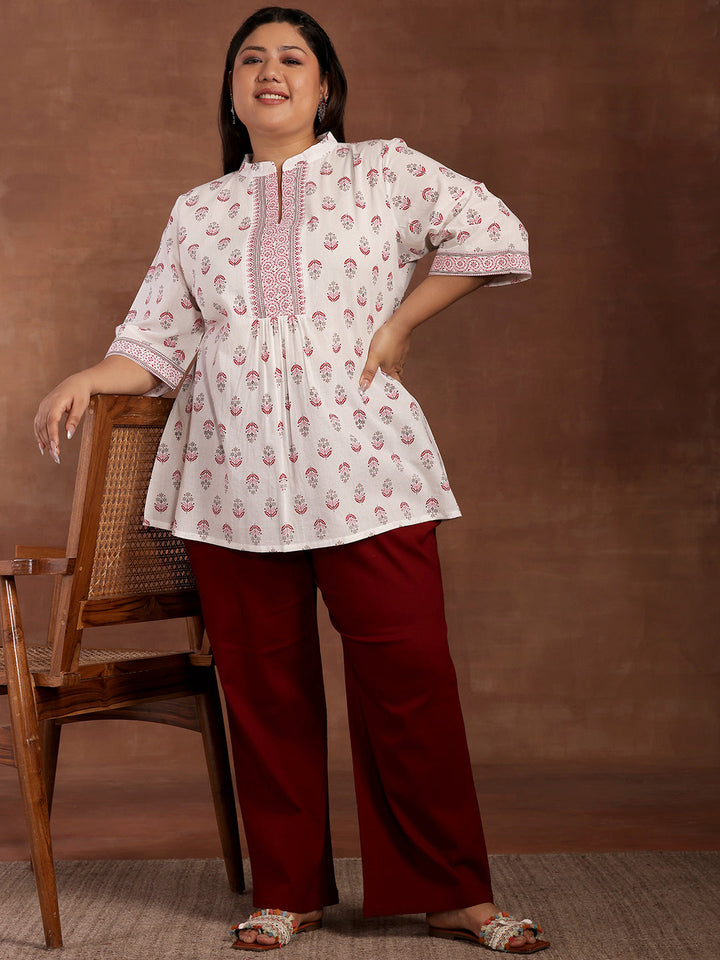 Plus Size White Printed Cotton Straight Kurti