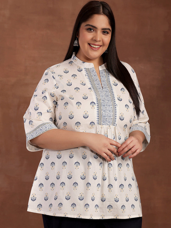 Plus Size White Printed Cotton Straight Kurti