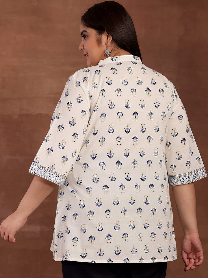 Plus Size White Printed Cotton Straight Kurti