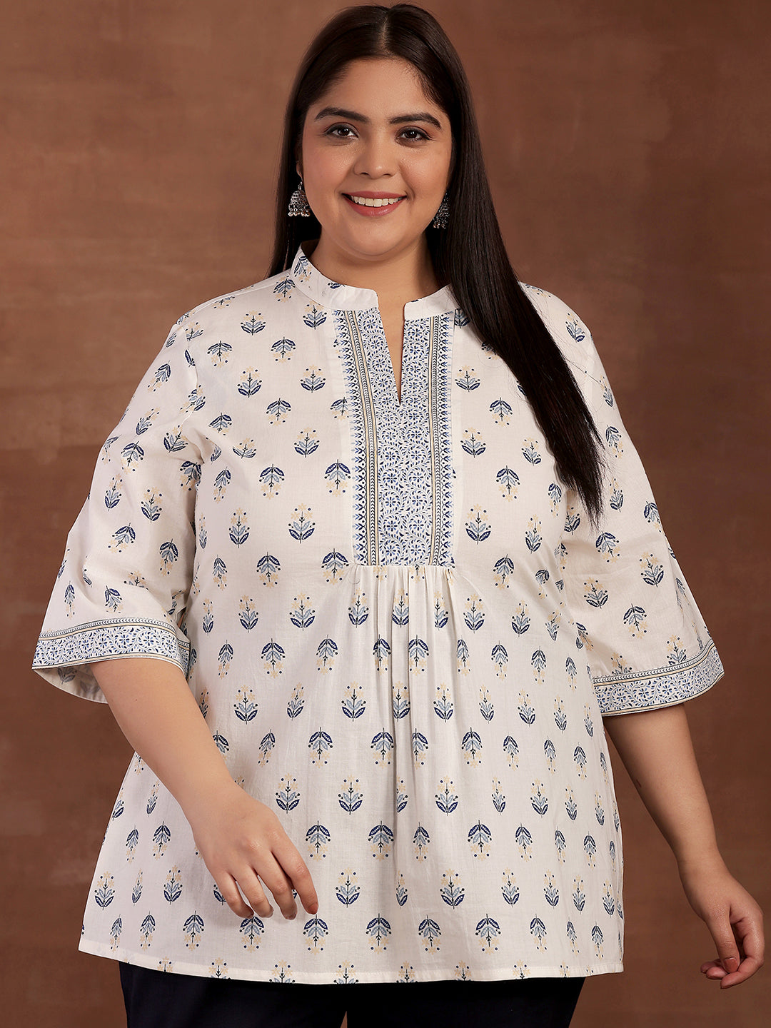Plus Size White Printed Cotton Straight Kurti