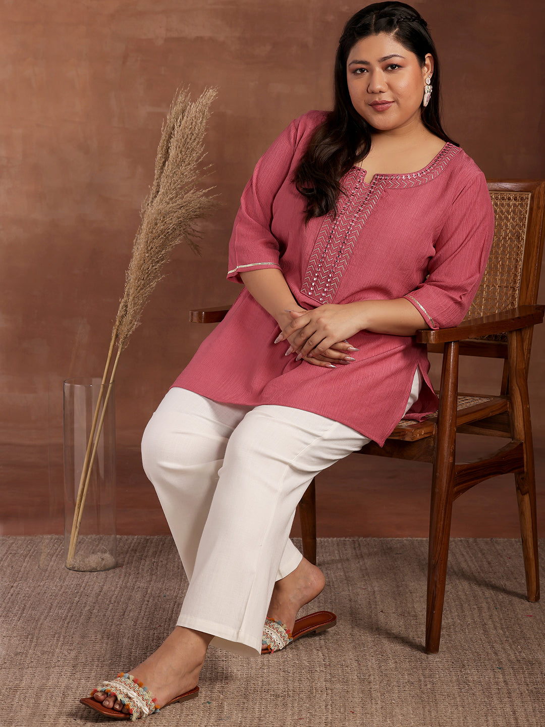 Plus Size Pink Woven Design Cotton Blend Straight Kurti