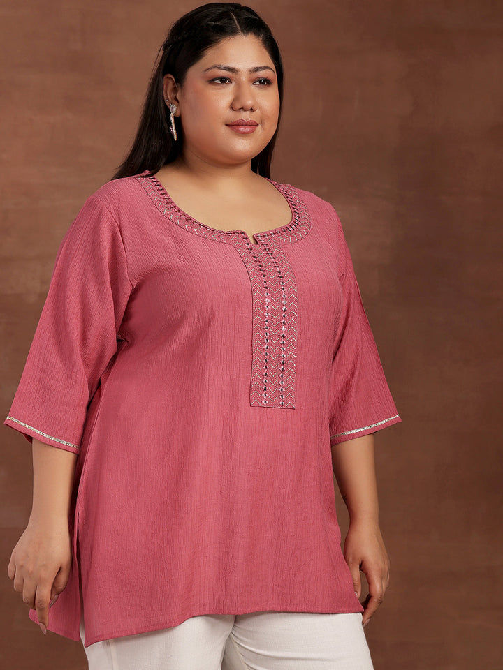 Plus Size Pink Woven Design Cotton Blend Straight Kurti