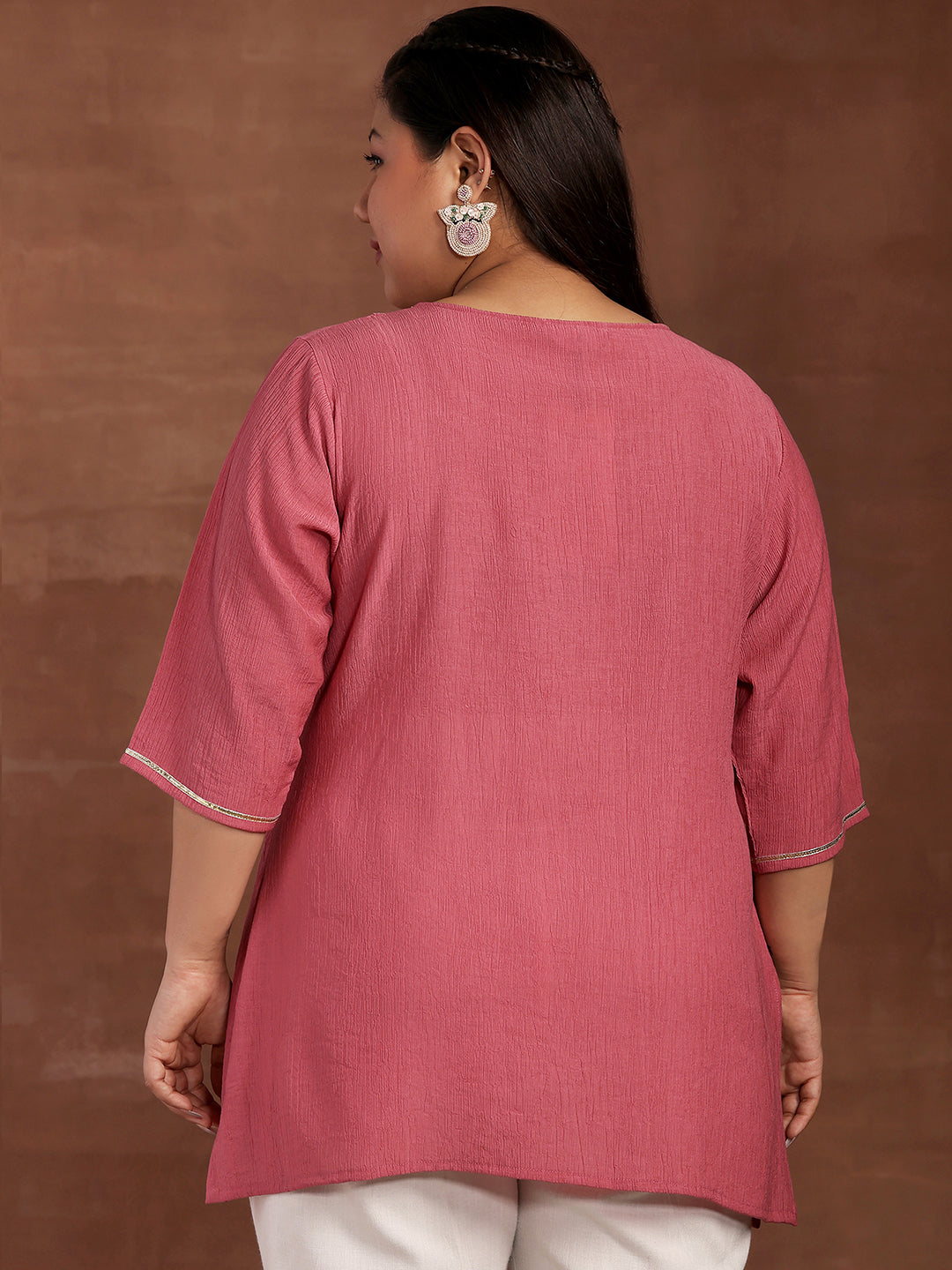 Plus Size Pink Woven Design Cotton Blend Straight Kurti
