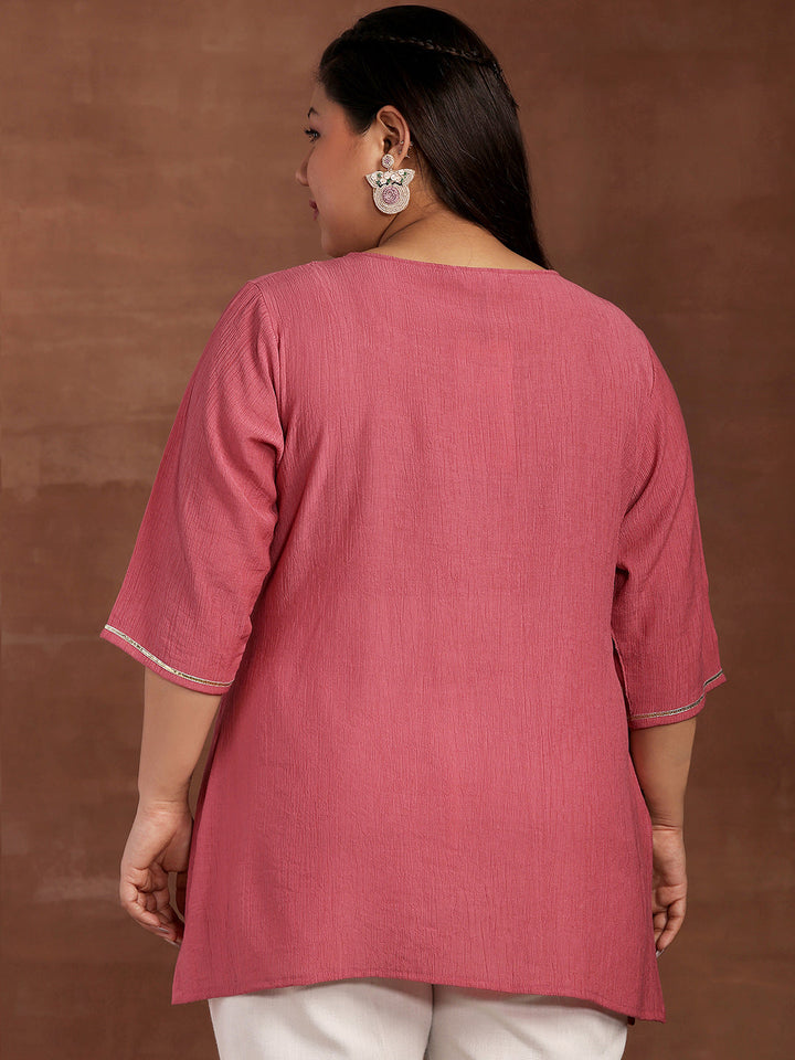 Plus Size Pink Woven Design Cotton Blend Straight Kurti