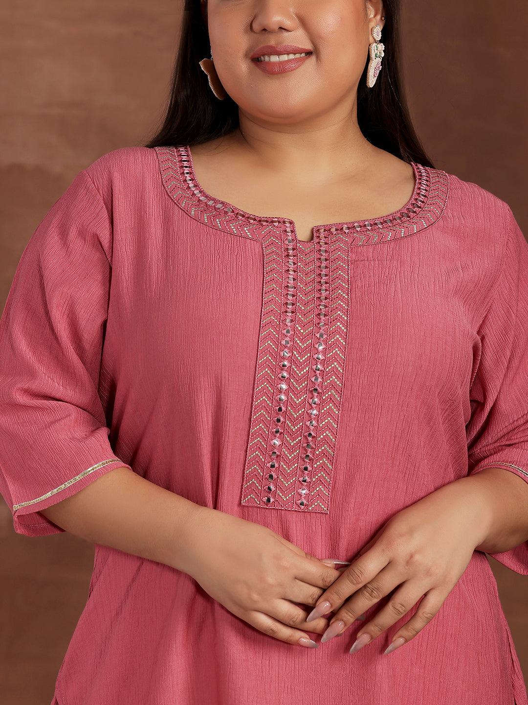 Plus Size Pink Woven Design Cotton Blend Straight Kurti