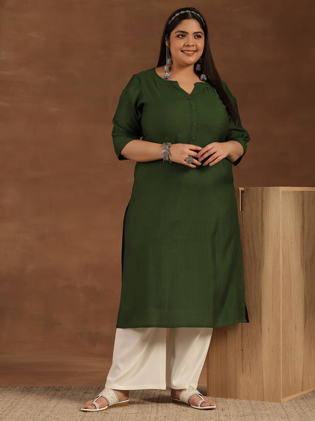 Plus Size Green Woven Design Silk Straight Kurta