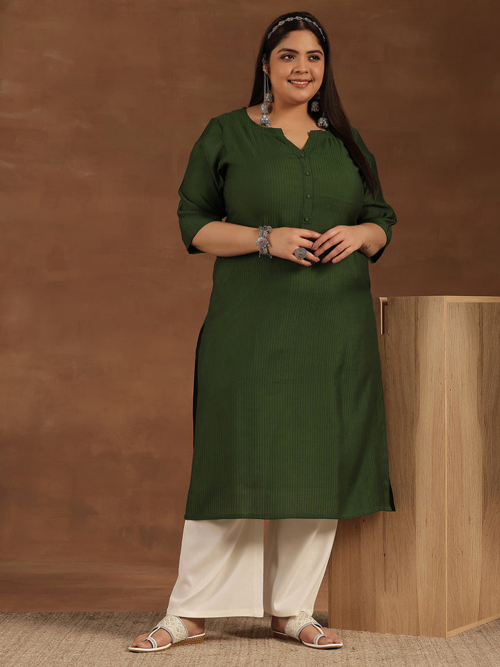 Plus Size Green Woven Design Silk Straight Kurta